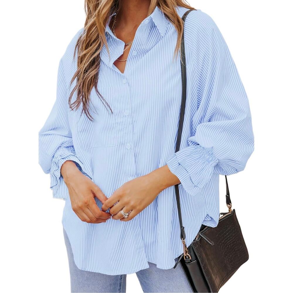 Who in Shop Womens Striped Button Down Shirt Cuffed Sleeves Oversized 3 pocket S